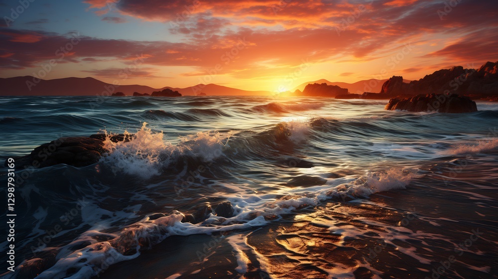Vibrant sunset waves crashing rocky coastline Vibrant sunset waves crashing rocky coastline