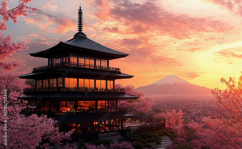 Obraz premium Serene Chureito Pagoda at Sunset with japan Mount Fuji and Blooming Cherry Blossoms in Full Splendor