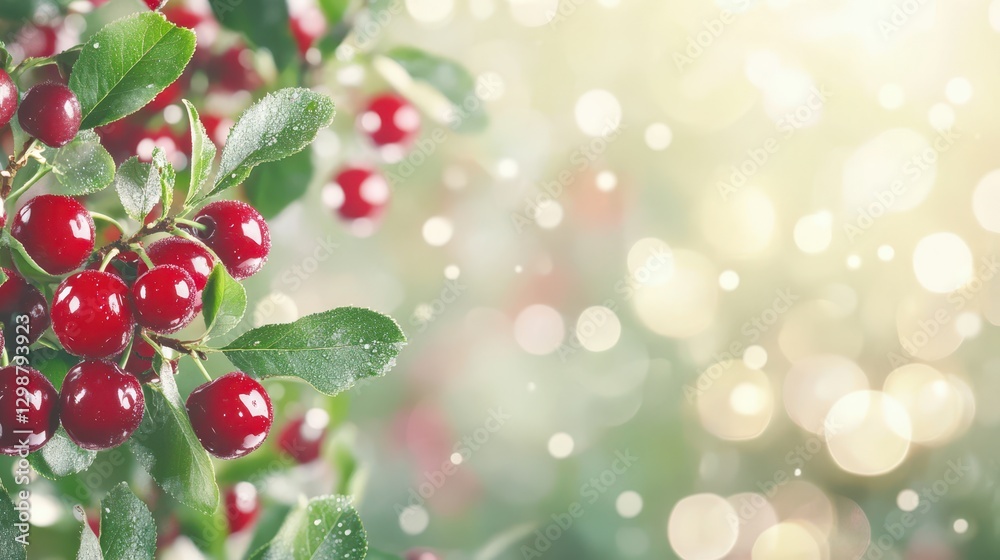 Red Cherries on Branch: Juicy, ripe red cherries glistening with morning dew hang heavy on a lush green branch, bathed in soft sunlight. A bokeh effect adds a dreamy, romantic touch. Red Cherries on Branch: Juicy, ripe red cherries glistening with morning dew hang heavy on a lush green branch, bathed in soft sunlight. A bokeh effect adds a dreamy, romantic touch.