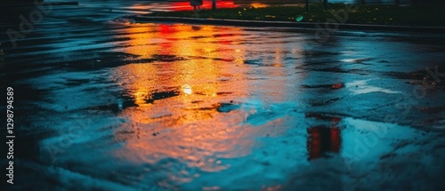 City Lights Reflected in a Wet Asphalt Street
