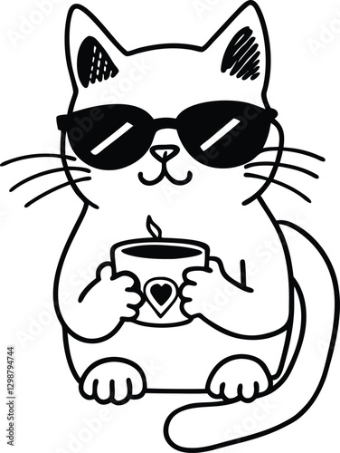 a cat wearing oversized sunglasses sipping coffee vector line art