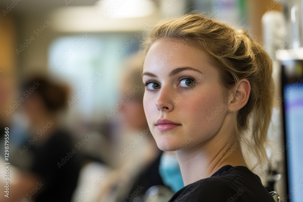 Young nurse working in hospital monitoring room observing patients vitals Young nurse working in hospital monitoring room observing patients vitals