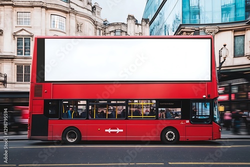 Blank billboard on a red double-decker bus in a city. photo