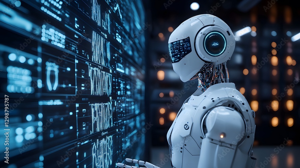 AI-driven healthcare technology, robotic assistant analyzing medical data, futuristic health innovation, clean vector design