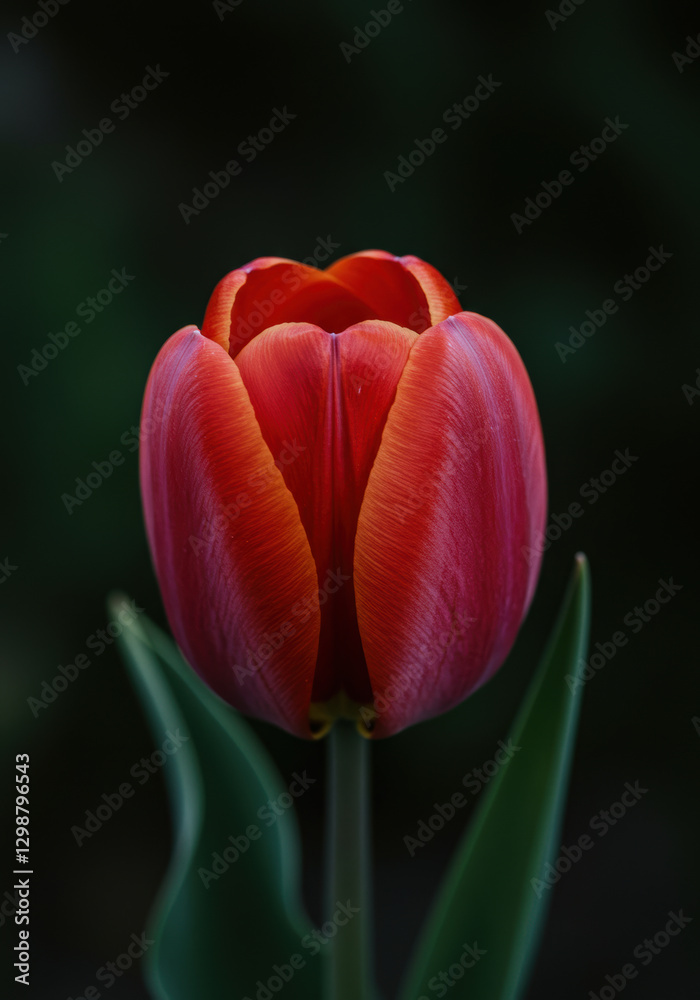 A single striking red tulip flower blooms, its petals unfolding in sharp focus against a soft background. A single striking red tulip flower blooms, its petals unfolding in sharp focus against a soft background.
