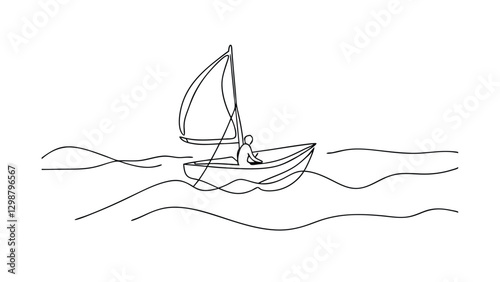 A minimalist line drawing depicts a sailboat with a single sail navigating wavy ocean waters. The artwork is created with a continuous line, showcasing simplicity and elegance.