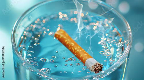 lit cigarette submerged in glass of water, symbol of smoking and hygiene contradiction