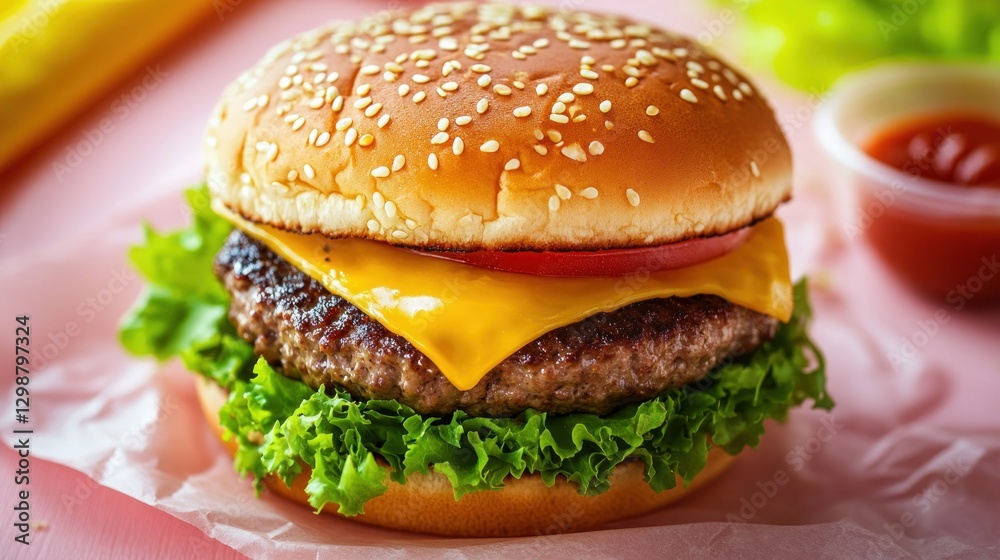 Delicious cheeseburger on pink table Delicious cheeseburger on pink table