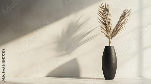 A tall, matte-black minimalist vase holding a single dried palm leaf, in a contemporary setting