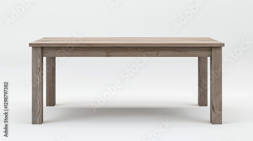 Wallpaper Mural A full shot of a rustic, light gray-brown wooden dining table with a rectangular top and four simple, straight legs, showcasing a rich wood grain texture, against a pure white background. Torontodigital.ca