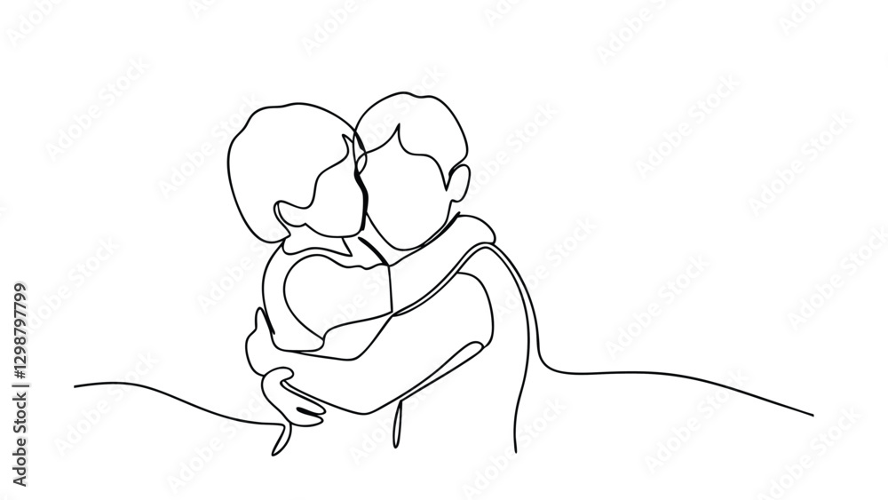 Singleline drawing of father and child embracing lovingly Singleline drawing of father and child embracing lovingly