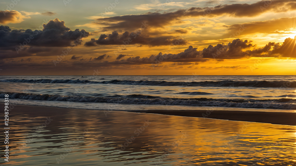 Romantic sunset over the ocean, where the sun's rays paint the sky in shades of gold, pink and purple.