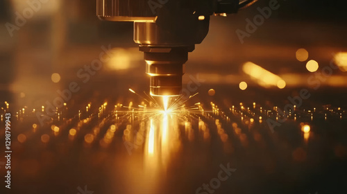 Laser cutting process in industrial setting factory technology photography high-precision environment close-up view engineering concept