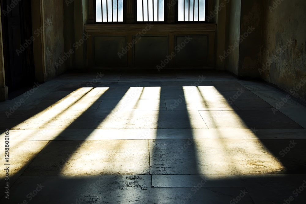Sunlight streams through barred windows onto a stone floor in a dimly lit, aged room. Sunlight streams through barred windows onto a stone floor in a dimly lit, aged room.