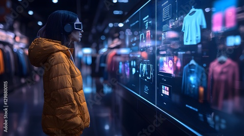 Augmented reality shopping experience with a virtual fitting room, futuristic e-commerce innovation, sleek vector illustration