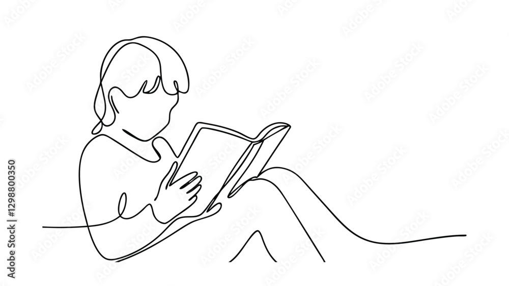 A minimalist line drawing depicts a child comfortably seated, deeply engrossed in reading a book. The singleline art style emphasizes the peaceful moment of quiet reading and absorption in literature. A minimalist line drawing depicts a child comfortably seated, deeply engrossed in reading a book. The singleline art style emphasizes the peaceful moment of quiet reading and absorption in literature.