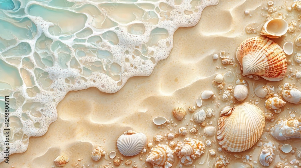Tranquil Beach Scene Featuring Soft Sand Seashells Gentle Waves and Clear Blue Sky Evoking a Calm and Relaxing Atmosphere of Coastal Serenity Tranquil Beach Scene Featuring Soft Sand Seashells Gentle Waves and Clear Blue Sky Evoking a Calm and Relaxing Atmosphere of Coastal Serenity