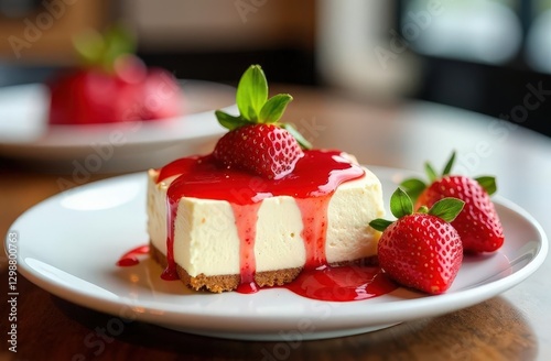 Cheesecake with strawberries in the restaurant