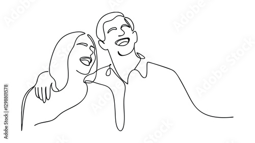 A singleline drawing depicts a happy couple laughing together. They are embracing, showcasing affection and joy. The style is minimalist and elegant.
