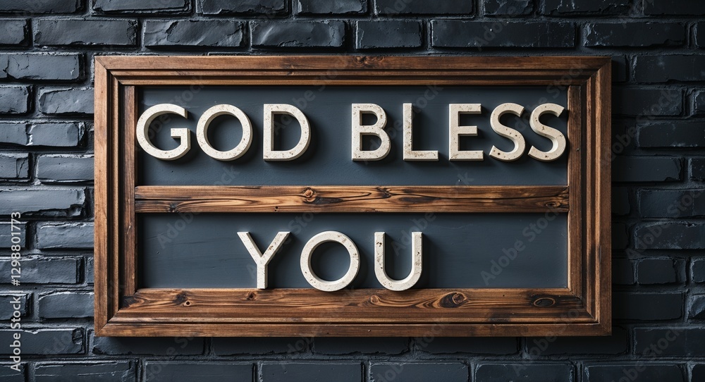 Fototapeta premium God bless you lettering on a signage in brick wall dark background