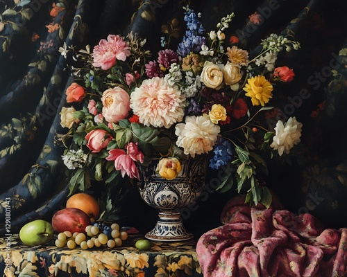 Traditional Still Life Painting with Flowers and Fruits in Vase