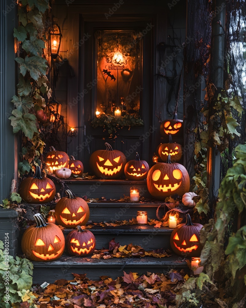 Obraz premium Vibrant Display of Carved Pumpkins for Halloween Festivities