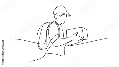 A continuous line drawing depicts a delivery person wearing a cap and backpack, carefully handling a package. The style is minimalist and clean. The image suggests swift and reliable delivery services