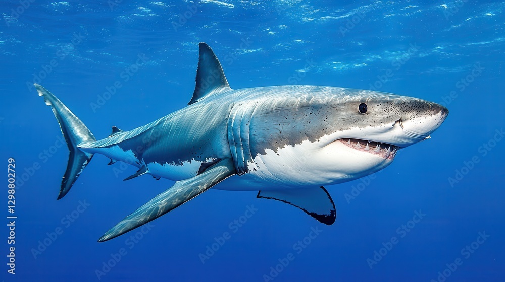 Obraz premium Majestic Great White Shark Swimming Gracefully in Clear Blue Ocean Water