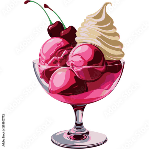 A sundae glass filled with scoops of pink ice cream, deep cherry red cherries, and whipped cream