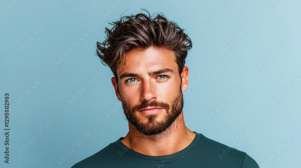 Handsome Young Man with Stylish Hair and Blue Eyes on Blue Background