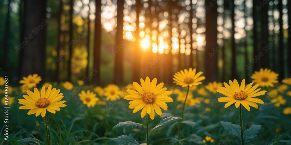 Obraz premium Vibrant yellow flowers blooming in a lush forest at sunset, creating a serene and picturesque scene.