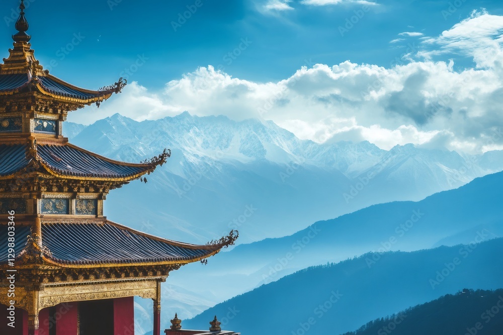 Obraz premium Tranquil Temple Amidst the Mountains: A majestic traditional temple, adorned with intricate details and vibrant colors, stands serene against a backdrop of snow-capped mountains and a clear.