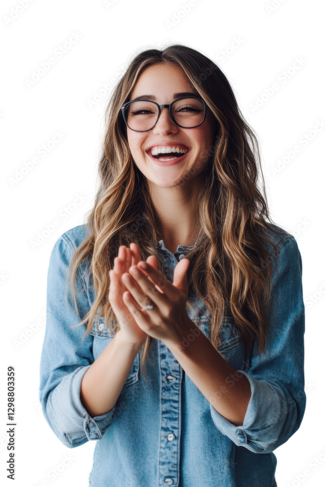 Woman smiling and clapping hands isolated on white background, expressing joy and happiness in casual outfit with long hair, lifestyle concept and positive emotion. Woman smiling and clapping hands isolated on white background, expressing joy and happiness in casual outfit with long hair, lifestyle concept and positive emotion.