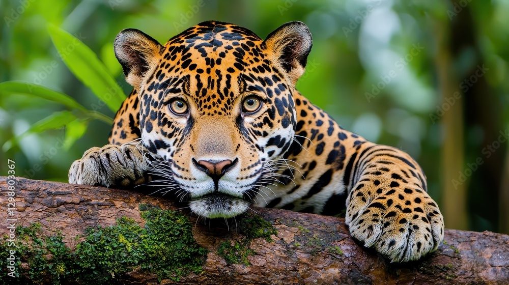 Majestic Jaguar Lying on Tree Branch in Lush Tropical Environment Majestic Jaguar Lying on Tree Branch in Lush Tropical Environment
