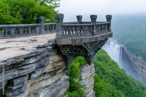 A gothic-style bridge spanning across a foggy, haunted waterfall