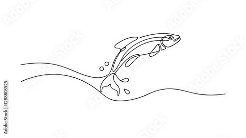 Single Line Drawing of a Leaping Salmon in Water