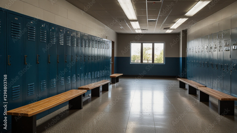 Obraz premium Sports locker room, metal storage lockers with an accompanying wooden bench
