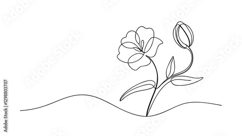 A simple, elegant line drawing depicts a blooming flower and bud, minimalist style, set against a subtle ground line. The continuous line creates a flowing, graceful image.
