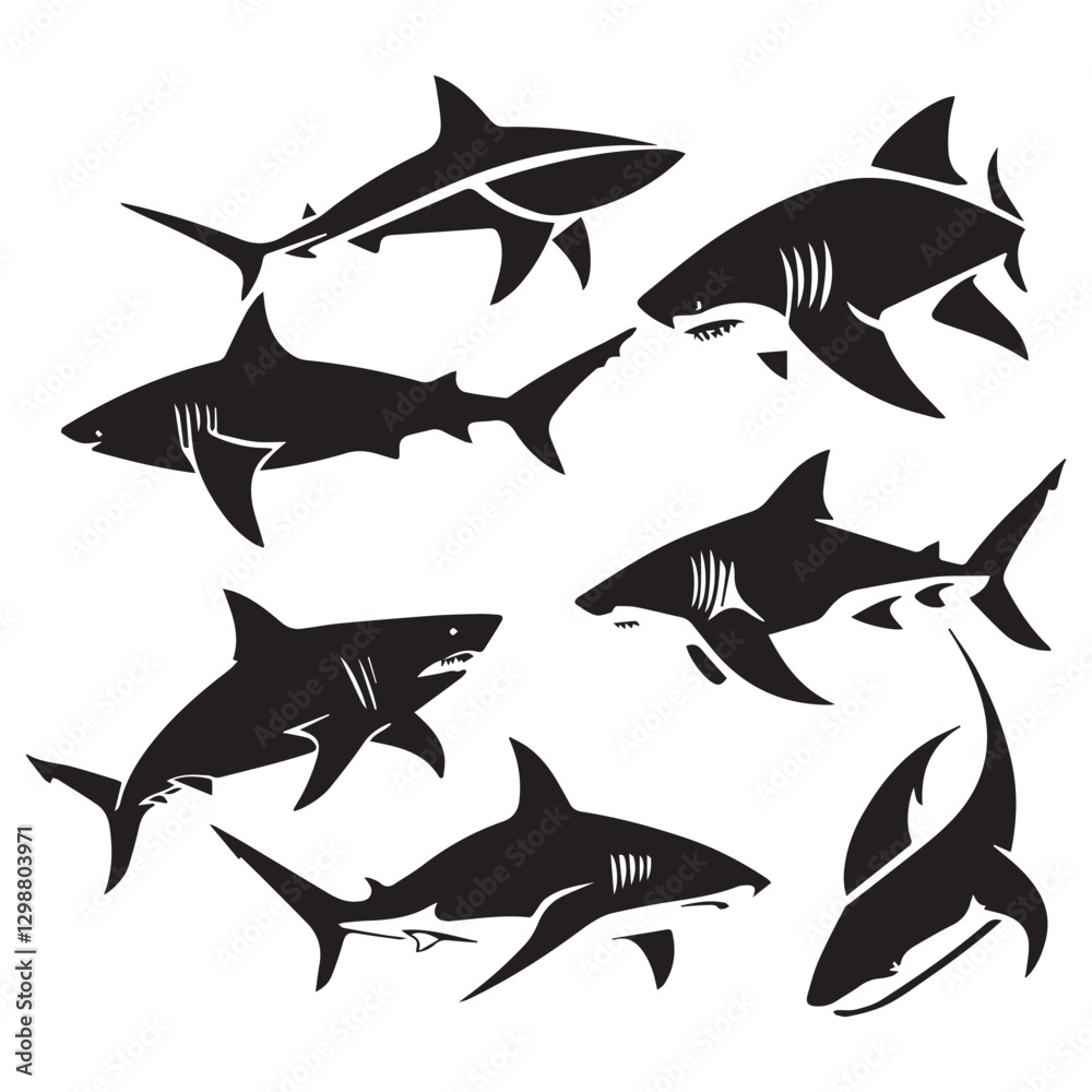 Fototapeta premium Black shark silhouette collection. Set of different shark silhouette on a white background
