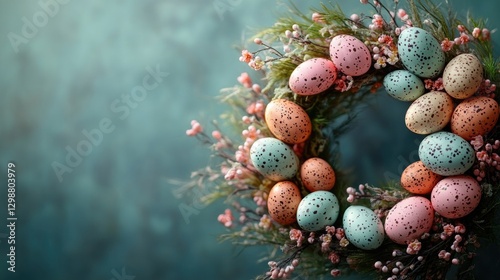 Easter wreath with colorful eggs and flowers lying on a dark background with space for text, symbolizing spring and new beginnings