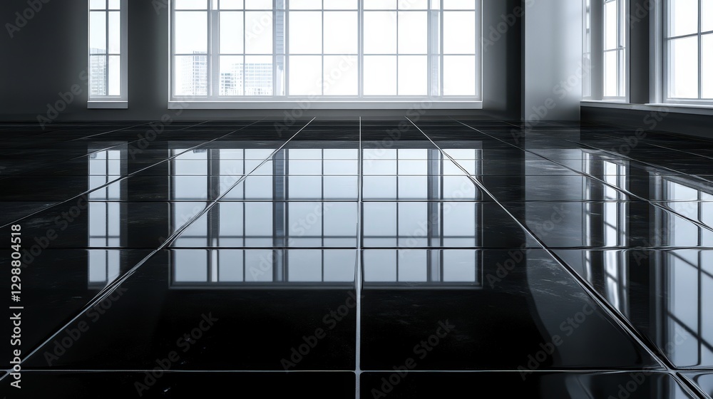 Reflective Black Tile Floor Reflecting Windows and Cityscape