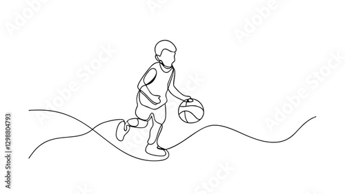Single Line Drawing Young Boy Dribbling Basketball Court Sport