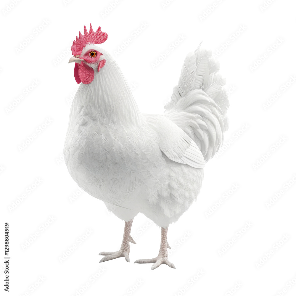 Fototapeta premium Majestic white rooster with bright red comb and fluffy feathers standing proudly