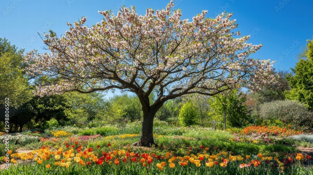 Fototapeta premium spring blossoms and tulips garden