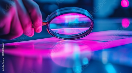 Hand holding magnifying glass on a digital document