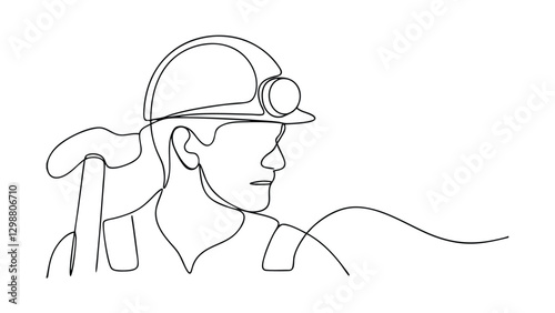 A continuous line drawing depicts a miners profile, wearing a hard hat and goggles, a pickaxe resting on his shoulder. The style is minimalist and evocative of labor.