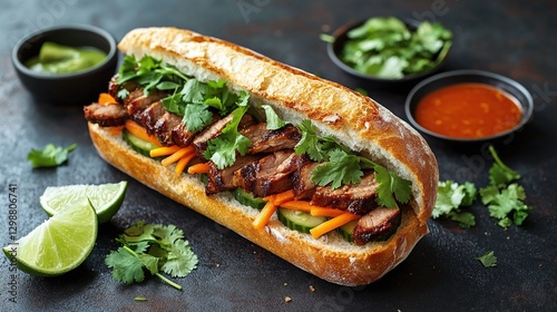 Vietnamese banh mi sandwich, crusty baguette, grilled pork, pickled vegetables, fresh cilantro, lime wedge, spicy sauce, green onions, rustic dark background, vibrant color.