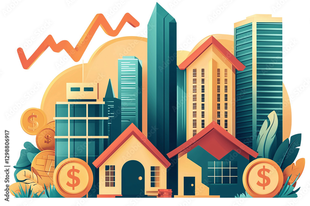Obraz premium arrow diagram workflow Real estate investment concept with buildings, houses, and financial growth symbols