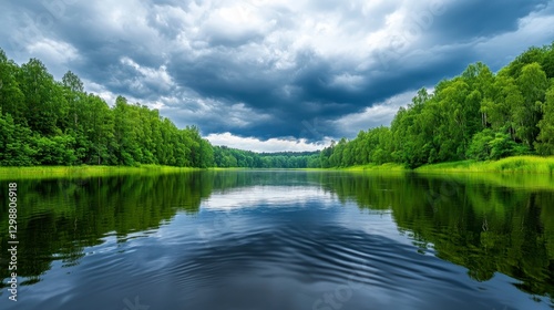 Serene Lake Surrounded by Lush Green Forest Under Dramatic Sky