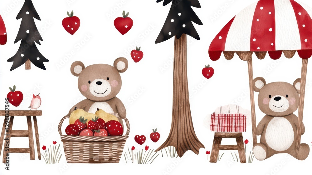 Naklejka premium Charming Bear Characters with Strawberries and Trees for Kids' Decor